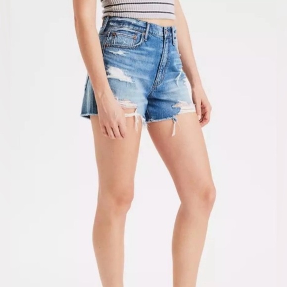 American Eagle Outfitters 90s Boyfriend Distressed High Waisted Blue Jean Shorts - Picture 5 of 9